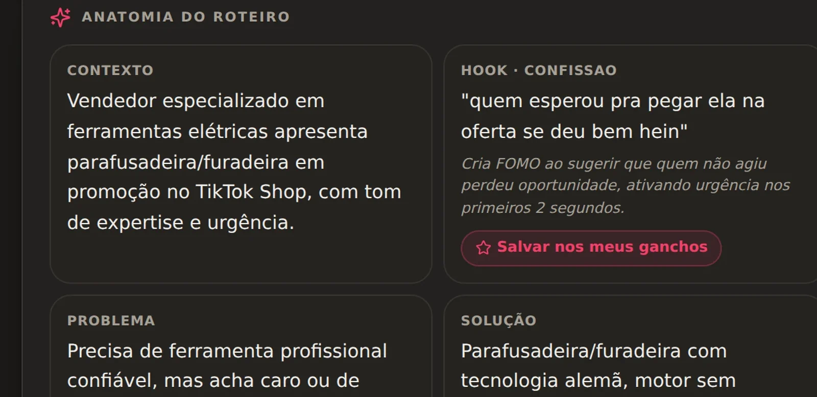 Painel Anatomia do Roteiro com contexto, gancho, problema e solução preenchidos