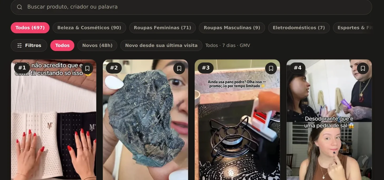 Feed da 4You ranqueando vídeos por faturamento, com views, curtidas e pedidos